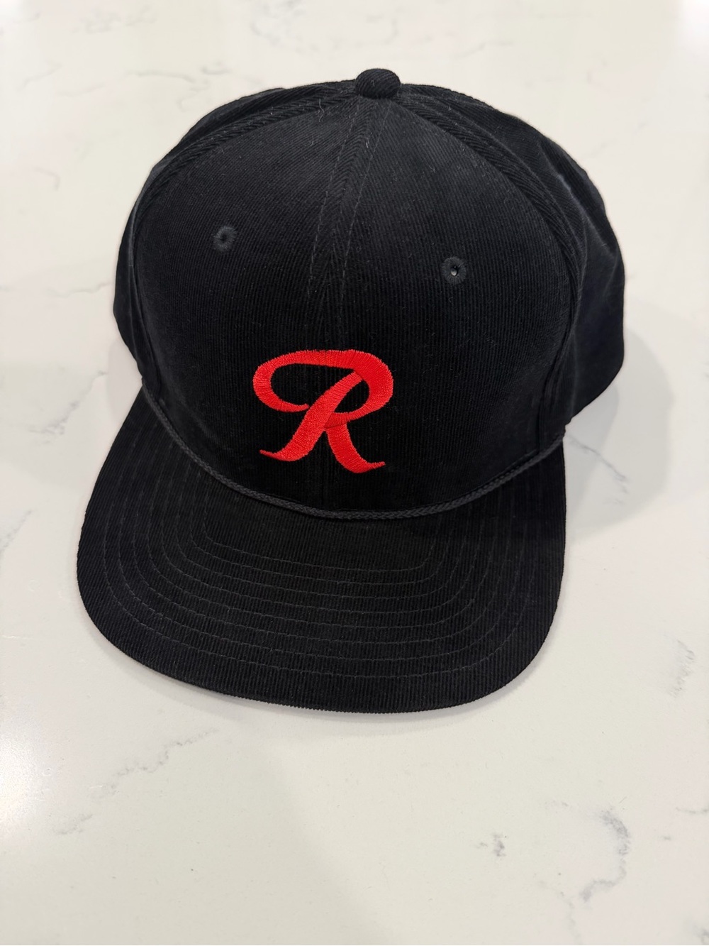 Richardson Rainier Beer Corduroy Snapback Hat Black Red Logo Cap